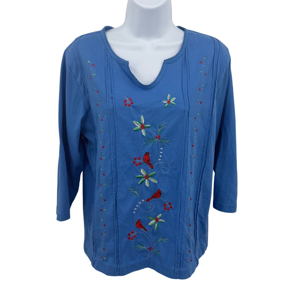 Shenanigans Womens M Shirt Top Blue Cardinal Embroidered Pintuck 3/4 Sleeve